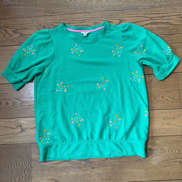 Crown & Ivy Women Embroidered Sweatshirt XL Short Puff Sleeve Preppy Green Pink - Picture 1 of 6